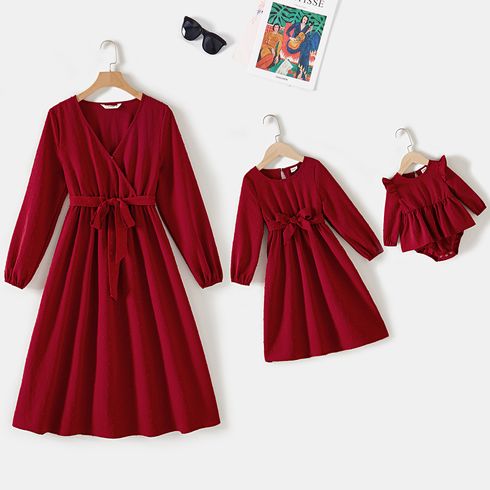 Mommy and Me Solid Swiss Dot V Neck Long-sleeve Belted Dresses
