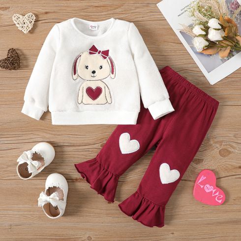 2pcs Baby Girl 95% Cotton Bell Bottom Pants and Dog Embroidered Long-sleeve Fuzzy Sweatshirt Set