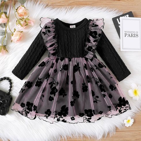 Baby Girl Black Cable Knit Long-sleeve Spliced Allover Flocking Floral Mesh Ruffle Dress
