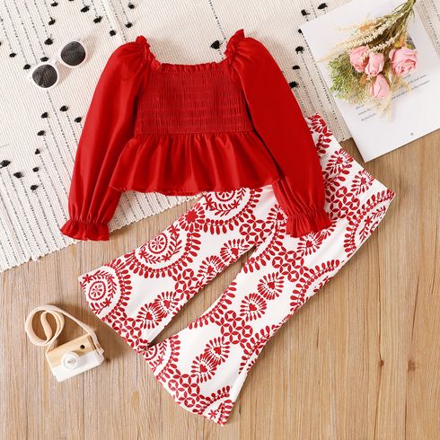 2pcs Toddler Girl Christmas Square Neck Smocked Red Blouse(100% Cotton) and Floral Print Flared Pants Set
