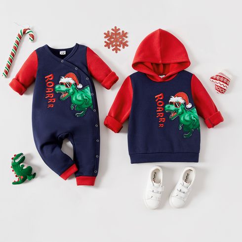 Christmas Sibling Matching Dinosaur & Letter Embroidery Colorblock Long-sleeve Thermal Lined Hoodie/Jumpsuit