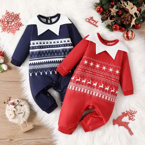 Christmas Baby Boy/Girl Contrast Collar Allover Print Long-sleeve Jumpsuit