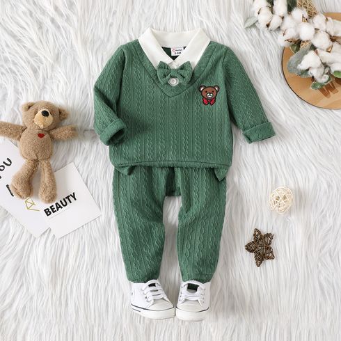 2pcs Baby Boy Green Imitation Knitting Faux-two Long-sleeve Top and Pants Set