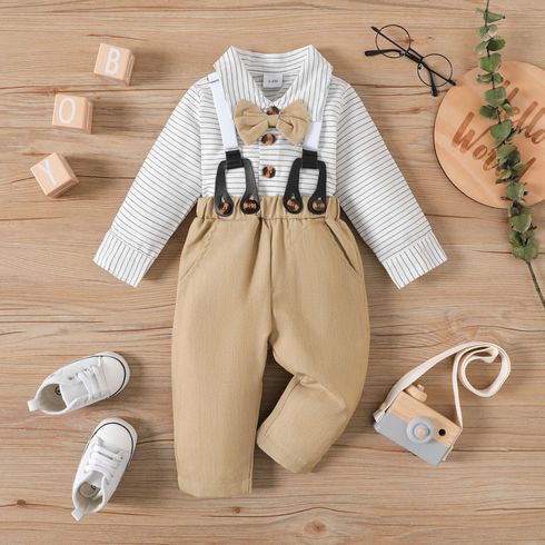 2pcs Baby Boy Gentleman Bow Tie Decor Long-sleeve Striped Shirt and Suspender Pants Set Party Outfits