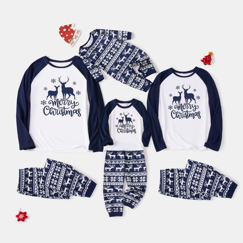 Family Matching Blue Raglan-sleeve Deer & Letter Graphic Allover Print Pajamas Sets (Flame Resistant)