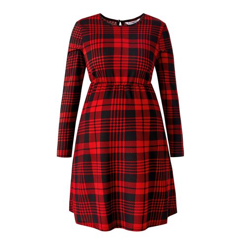 Maternity Plaid Print Keyhole Back Long-sleeve Dress