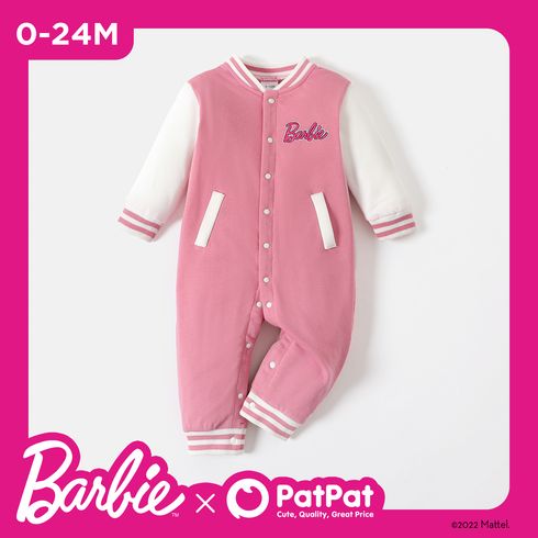 Barbie Baby Girl Letter Graphic Drop Shoulder Long-sleeve Button Front Jumpsuit
