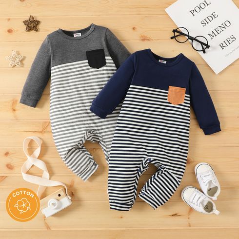 Baby Boy 100% Cotton Striped Spliced Solid Long-sleeve Jumpsuit with Pocket