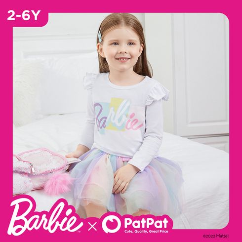 Barbie 2pcs Toddler Girl Letter Print Long-sleeve White Tee and Colorblock Mesh Skirt Set