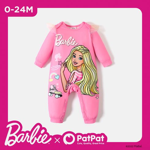 Barbie Baby Girl Mesh Ruffle Long-sleeve Graphic Pink Jumpsuit