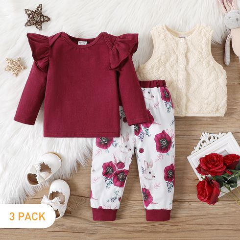 3-Pack Baby Girl 95% Cotton Ruffle Long-sleeve Tee and Floral Print Pants with Fuzzy Vest Set