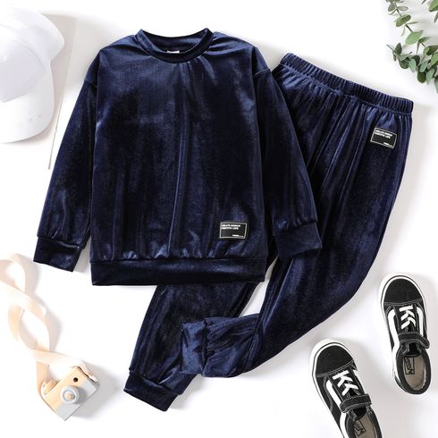 2pcs Kid Boy Embroidered Velvet Dark Blue Sweatshirt and Pants Set