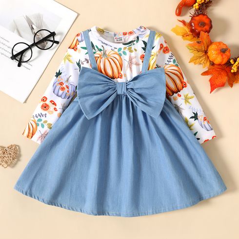 Toddler Girl Thanksgiving Faux-two Bowknot Design Pumpkin Print Long-sleeve Dress