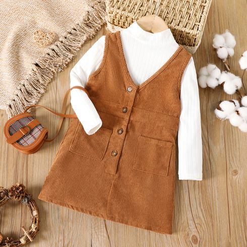 2pcs Toddler Girl Mock Neck Ribbed Long-sleeve White Tee and Button Design Overall Dress Set