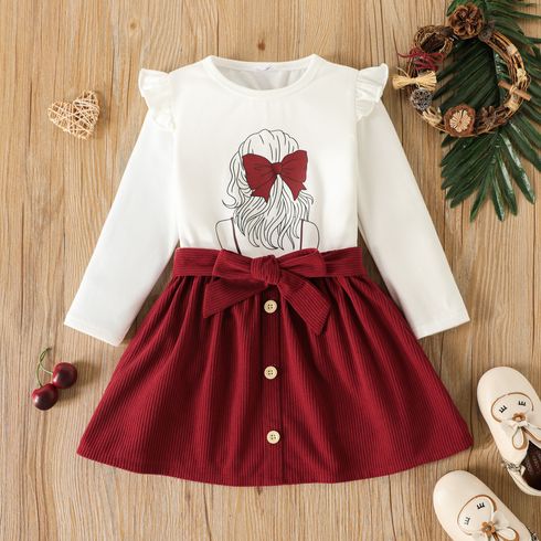 2pcs Toddler Girl Figure Print Ruffled Long-sleeve Tee and Button Design Belted Skirt Set