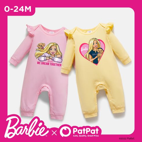 Barbie Baby Girl 100% Cotton Ruffle Long-sleeve Graphic Jumpsuit