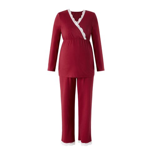 Nursing Lace Trim Long-sleeve Tee and Pants Pajamas Lounge Set