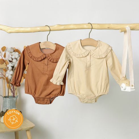 100% Cotton Baby Girl Solid Ruffle Collar Long-sleeve Romper