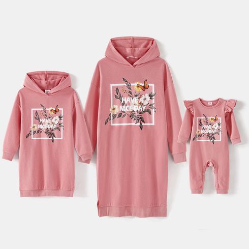 Mommy and Me Floral & Letter Print Pink Long-sleeve Hoodie Dress