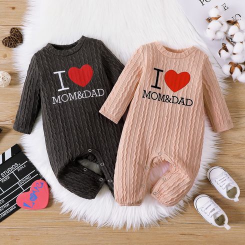 Baby Boy Letter & Heart Embroidered Cable Knit Long-sleeve Jumpsuit