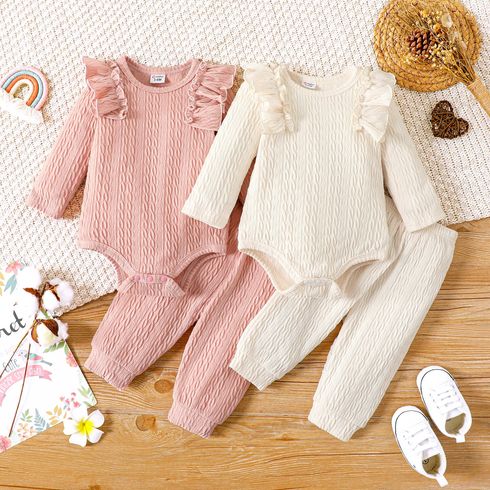 2pcs Baby Girl Solid Cable Knit Ruffle Trim Long-sleeve Romper and Pants Set