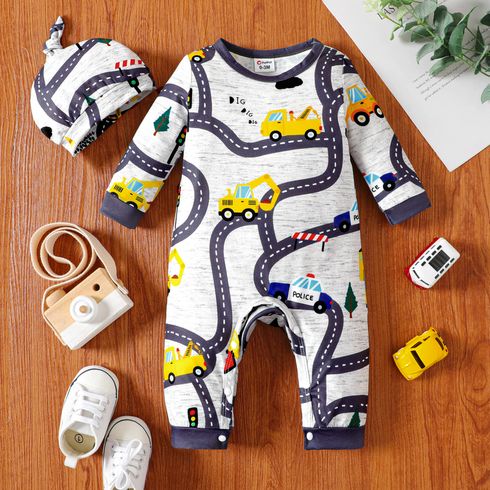 2pcs Baby Boy Allover Road Vehicle Print Long-sleeve Jumpsuit with Hat Set