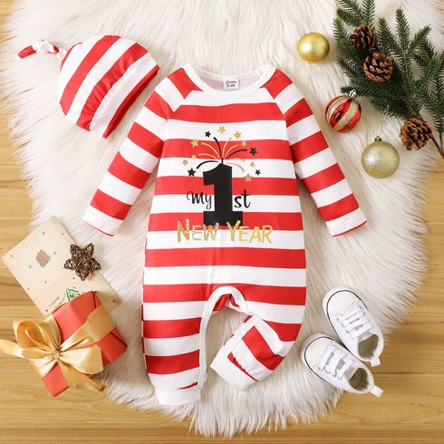 New Year 2pcs Baby Boy/Girl Letter Print Red Striped Long-sleeve Jumpsuit with Hat Set