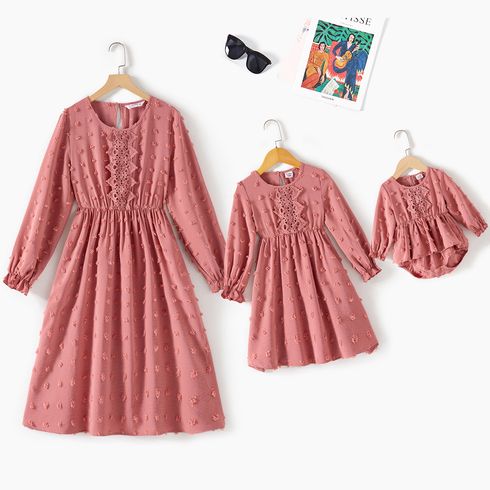 Mommy and Me Pink Swiss Dot Long-sleeve Lace Detail Dresses