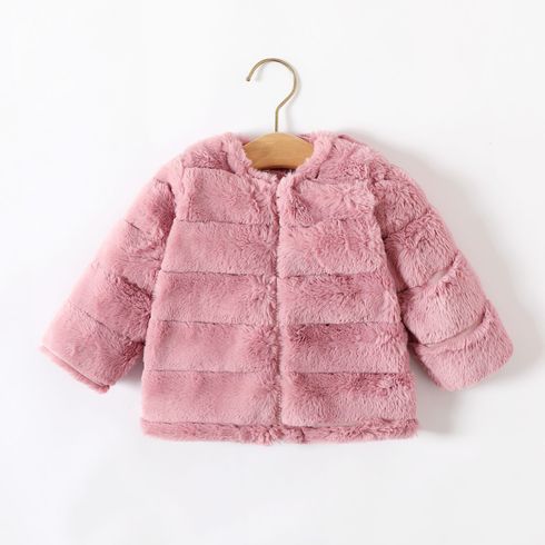 Baby Girl Pink Faux Fur Fluffy Long-sleeve Zipper Thermal Coat