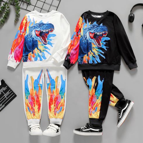 2pcs Kid Boy Painting Dinosaur Print Sweatshirt and Elasticized Pants Set