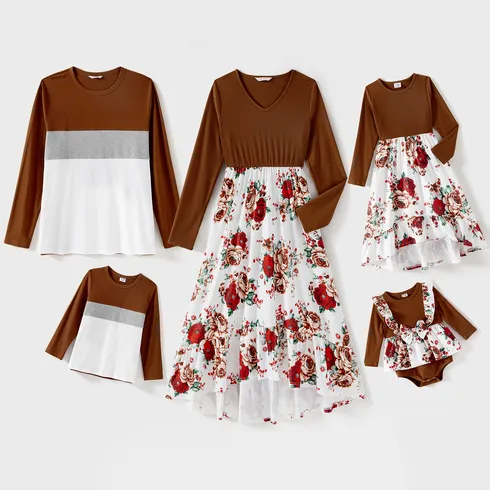 Family Matching Brown Rib Knit Spliced Floral Print Dresses and Long-sleeve Colorblock T-shirts Sets