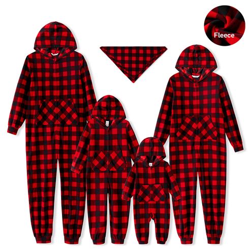 Christmas Family Matching Red Plaid Hooded Long-sleeve Thickened Polar Fleece Zipper Onesies Pajamas (Flame Resistant)
