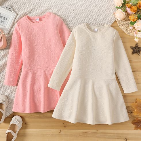 Kid Girl Sweet Heart Textured Solid Color Long-sleeve Dress