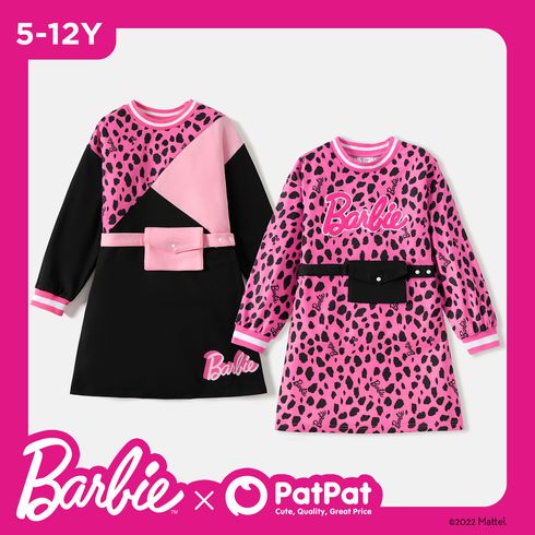 Barbie Kid Girl Leopard Print/Colorblock Waist Bag Design Sweatshirt Dress