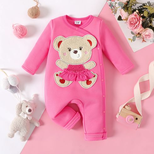 Baby Girl Bear Embroidered Long-sleeve Button Jumpsuit
