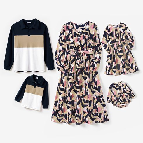 Family Matching Allover Geo Print Belted Button Dresses and Long-sleeve Colorblock Polo Shirts Sets