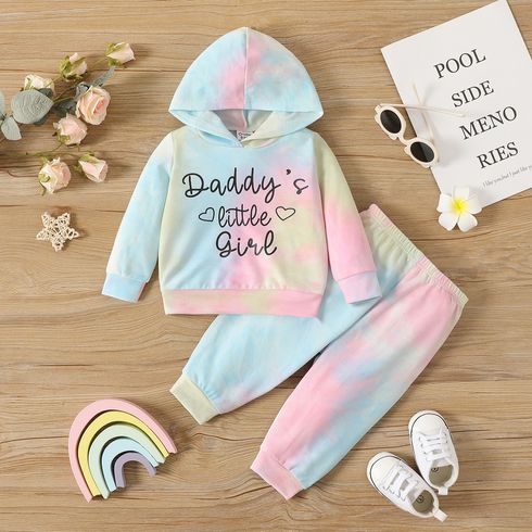 2pcs Baby Girl Letter Print Tie Dye Long-sleeve Hoodie and Sweatpants Set