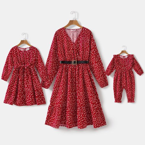 Mommy and Me Allover Floral Print V Neck Long-sleeve Belted Flowy Dresses
