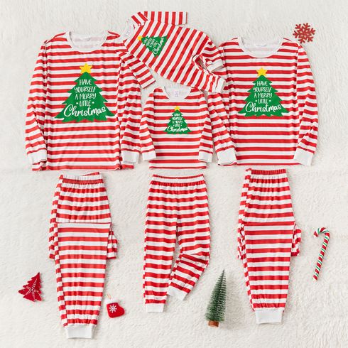 Christmas Family Matching Xmas Tree & Letter Print Red Striped Long-sleeve Pajamas Sets (Flame Resistant)