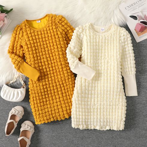 Kid Girl Solid Color Textured Long Puff-sleeve Dress