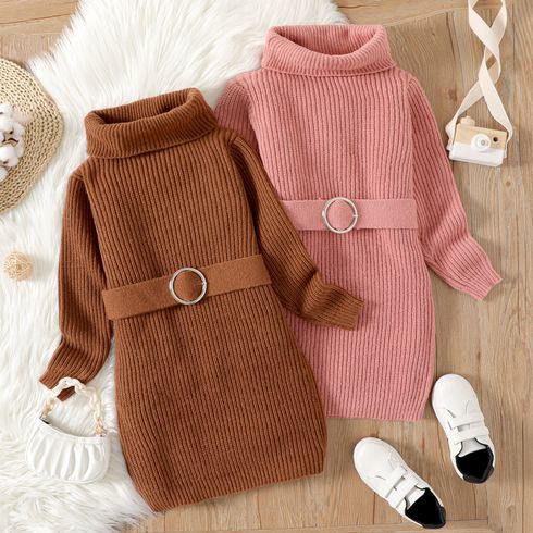 Kid Girl Solid Color Turtleneck Belted Longline Thick Knit Sweater