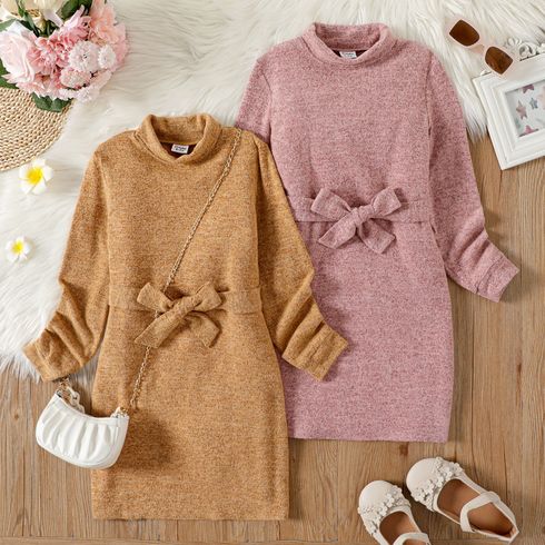 Kid Girl Solid Color Turtleneck Belted Long-sleeve Dress (Bag is not included)