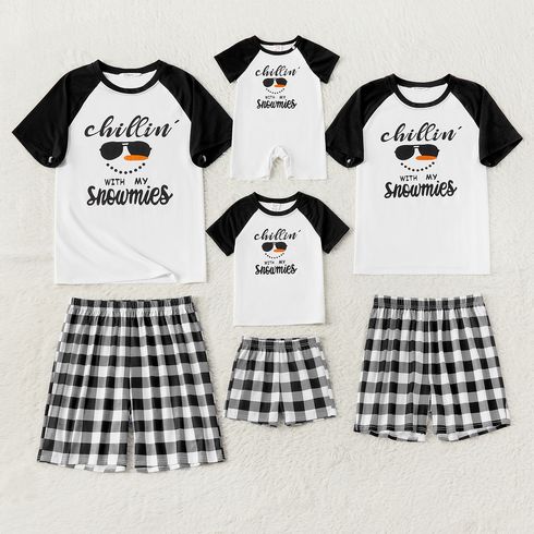 Christmas Family Matching Short-sleeve Snowman & Letter Print Black Plaid Pajamas Sets (Flame Resistant)
