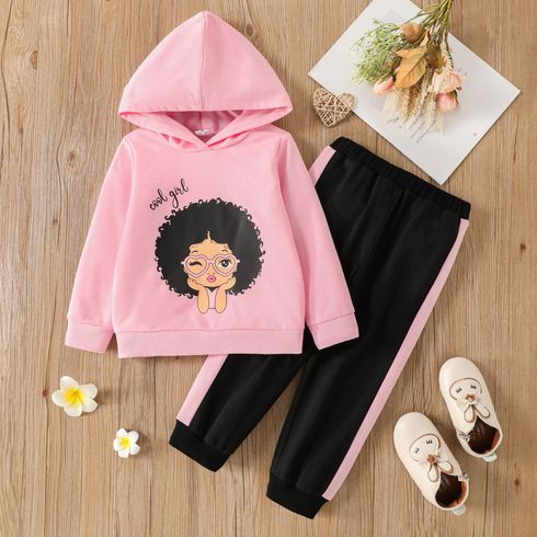 2pcs Toddler Girl Character Print Pink Hoodie Sweatshirt and Colorblock Pants Set