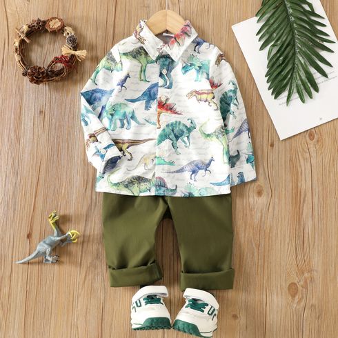2pcs Toddler Boy Dinosaur Print Lapel Collar Shirt and Elasticized Pants Set