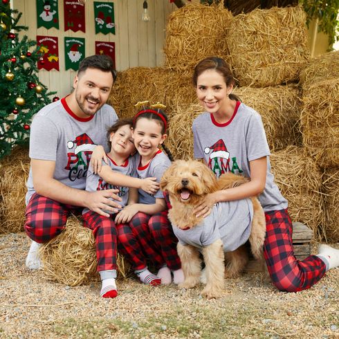 Christmas Family Matching Xmas Hat & Letter Print Grey Short-sleeve Plaid Pajamas Sets (Flame Resistant)