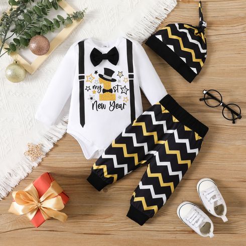 New Year 3pcs Baby Boy 95% Cotton Long-sleeve Bow Tie Decor Graphic Romper and Chevron Striped Pants with Hat Set