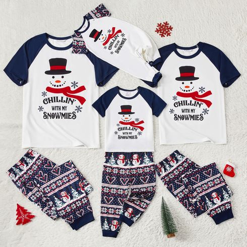 Christmas Family Matching Short-sleeve Snowman & Letter Graphic Allover Print Pajamas Sets (Flame Resistant)