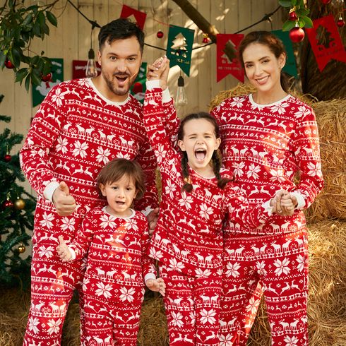 Christmas Family Matching Long-sleeve Allover Deer & Snowflake Print Red Thickened Polar Fleece Pajamas Sets (Flame Resistant)