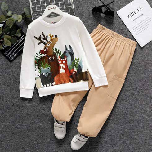 2pcs Kid Boy Animal Print White Sweatshirt and Pocket Design Pants Set